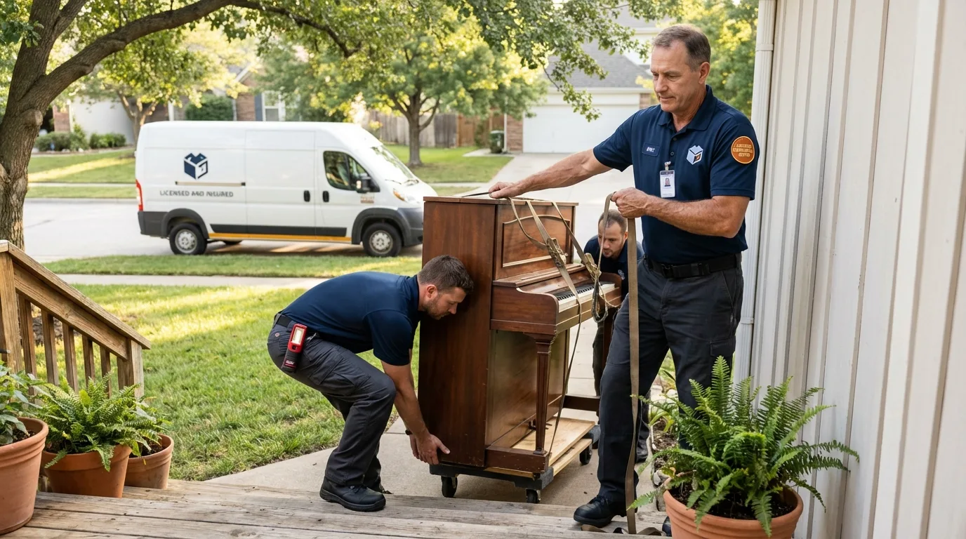 Licensed piano movers securing grand piano in Ravenswood, WV