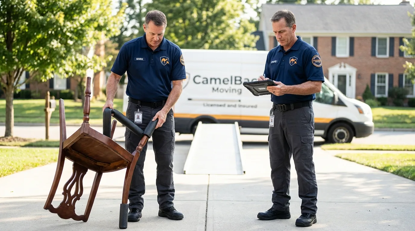 Movers inspecting furniture for damage prevention before loading in Ravenswood, WV