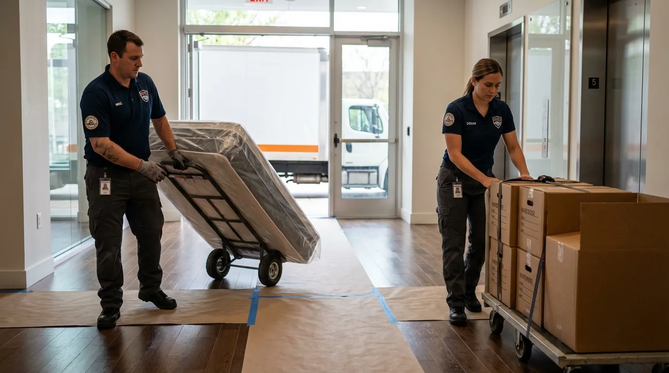 Professional apartment movers loading elevator in Ravenswood, WV