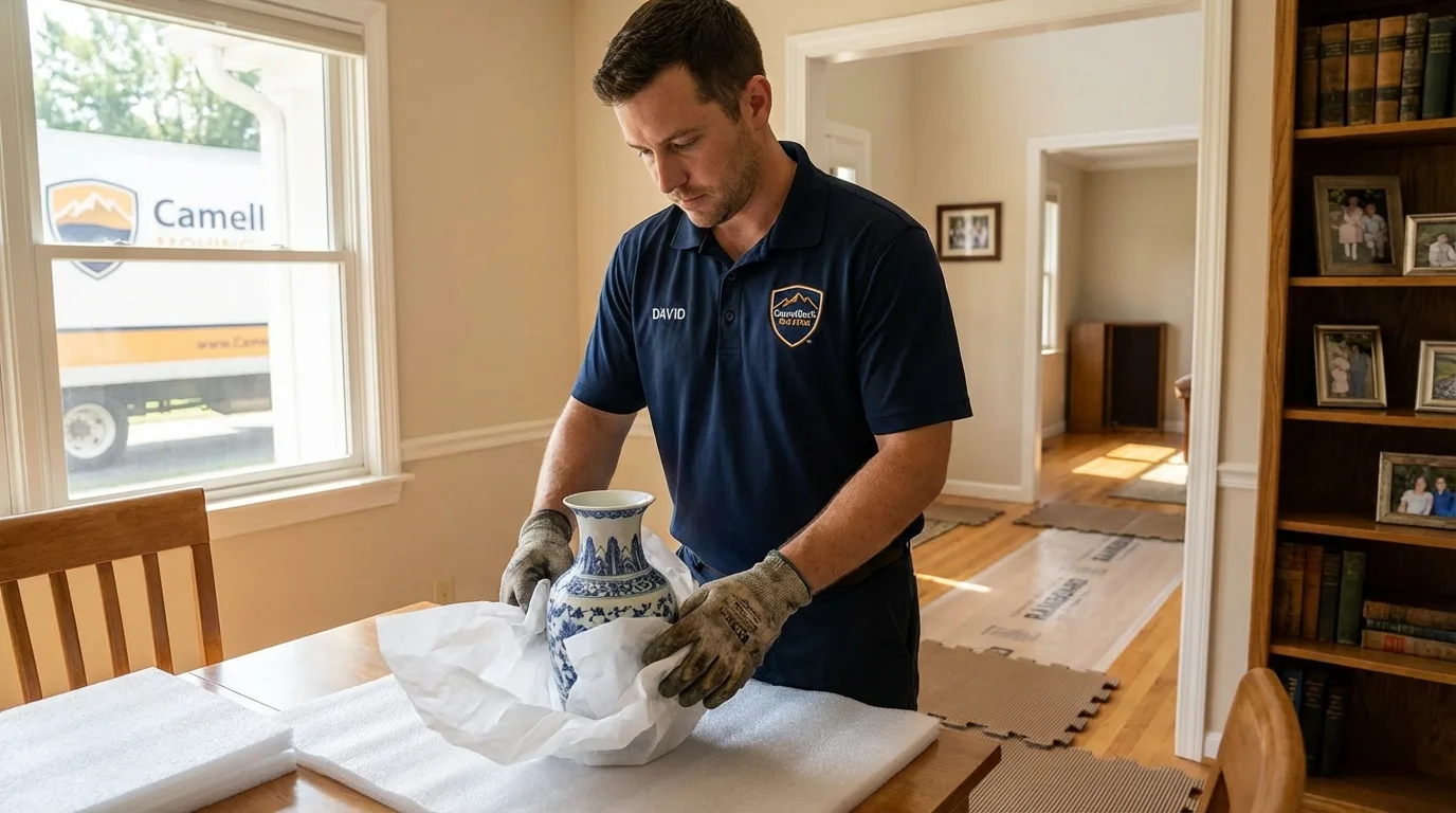 Professional crew carefully wrapping antique vase for senior downsizing move in Ravenswood, WV