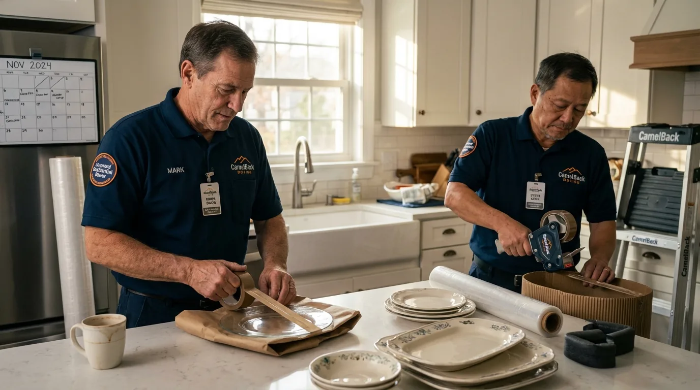 Professional crew packing kitchen dishware in Ravenswood, WV